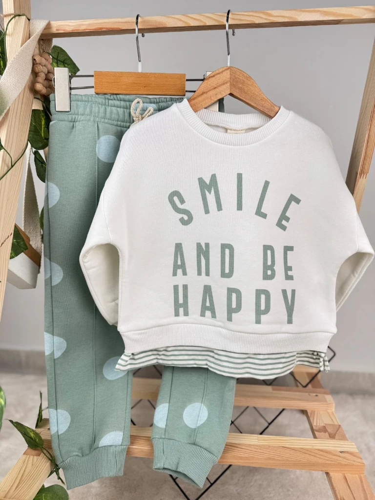 Smile and Be Happy Baskılı 3 İp Kışlık Kız Çocuk İkili Takım - YEŞİL