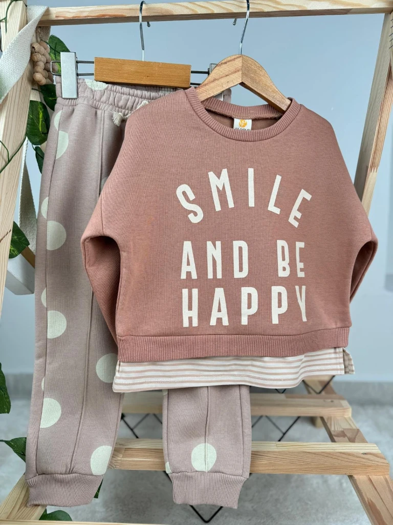 Smile and Be Happy Baskılı 3 İp Kışlık Kız Çocuk İkili Takım - KAHVERENGİ