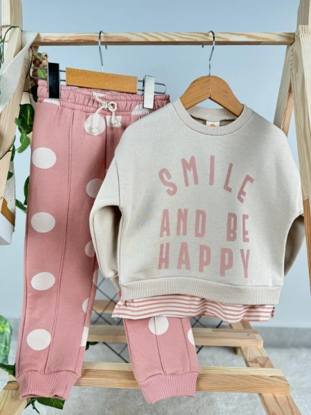 Smile and Be Happy Baskılı 3 İp Kışlık Kız Çocuk İkili Takım - PEMBE