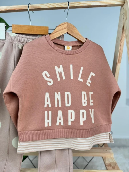 Smile and Be Happy Baskılı 3 İp Kışlık Kız Çocuk İkili Takım - KAHVERENGİ