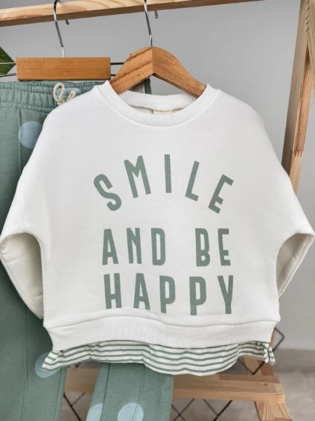 Smile and Be Happy Baskılı 3 İp Kışlık Kız Çocuk İkili Takım - YEŞİL