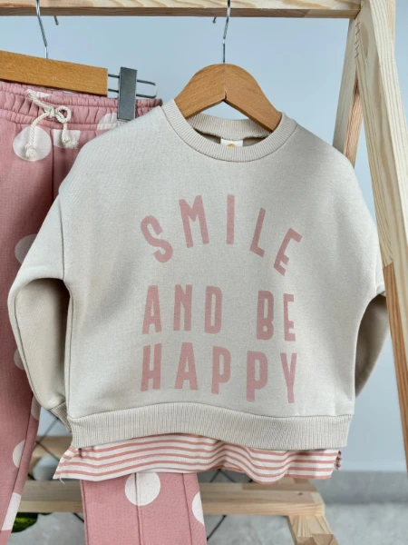 Smile and Be Happy Baskılı 3 İp Kışlık Kız Çocuk İkili Takım - PEMBE