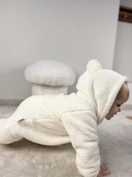 Welsoft Peluş Unisex Fermuarlı Kışlık Bebek Uyku Tulumu Bebek Tulumu Çocuk Tulumu Çocuk Kostümü - KREM