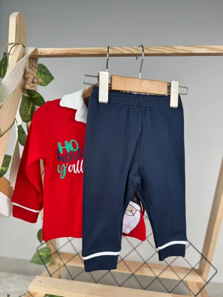 Noel Baba Ho Ho Baskılı Düğmeli Unisex Pijama Takım - KIRMIZI