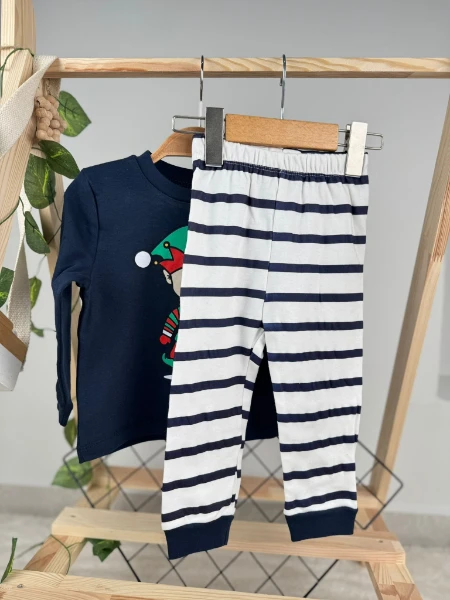 Noel Baskılı Çizgili Mevsimlik Erkek Bebek/Çocuk Pijama Takım - LACİVERT