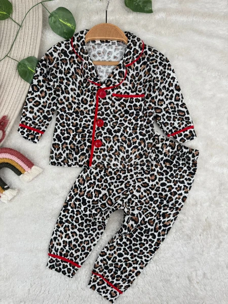 Leopar Desenli Düğmeli Kız Bebek/Çocuk Pijama İkili Takım - KIRMIZI