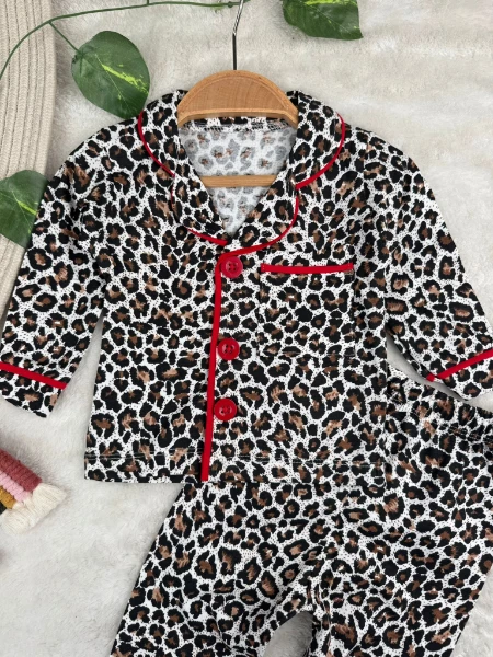 Leopar Desenli Düğmeli Kız Bebek/Çocuk Pijama İkili Takım - KIRMIZI