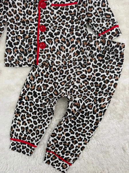 Leopar Desenli Düğmeli Kız Bebek/Çocuk Pijama İkili Takım - KIRMIZI