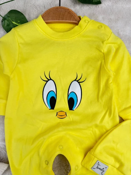 Tweety desenli %100 Pamuk Şapkalı Unisex Tulum Set - SARI