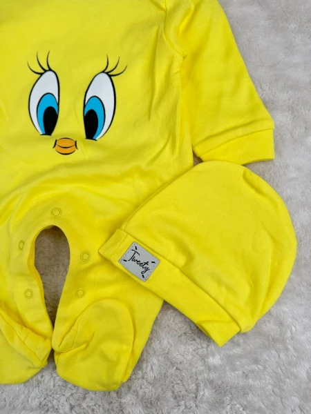 Tweety desenli %100 Pamuk Şapkalı Unisex Tulum Set - SARI