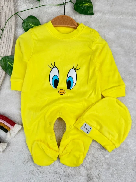 Tweety desenli %100 Pamuk Şapkalı Unisex Tulum Set - SARI