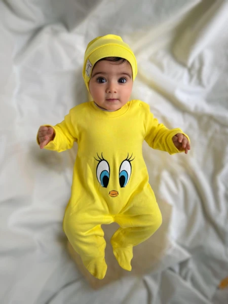 Tweety desenli %100 Pamuk Şapkalı Unisex Tulum Set - SARI