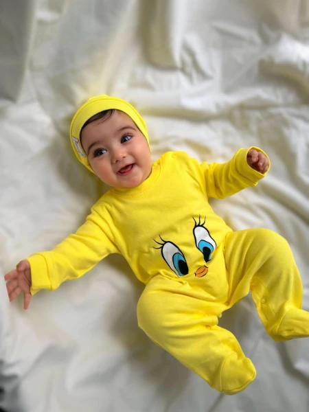 Tweety desenli %100 Pamuk Şapkalı Unisex Tulum Set - SARI