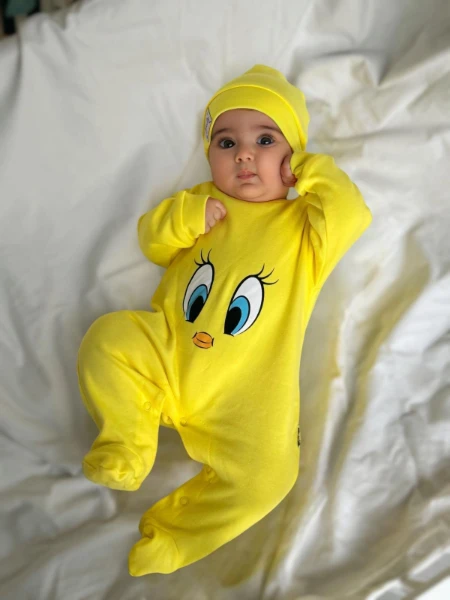 Tweety desenli %100 Pamuk Şapkalı Unisex Tulum Set - SARI