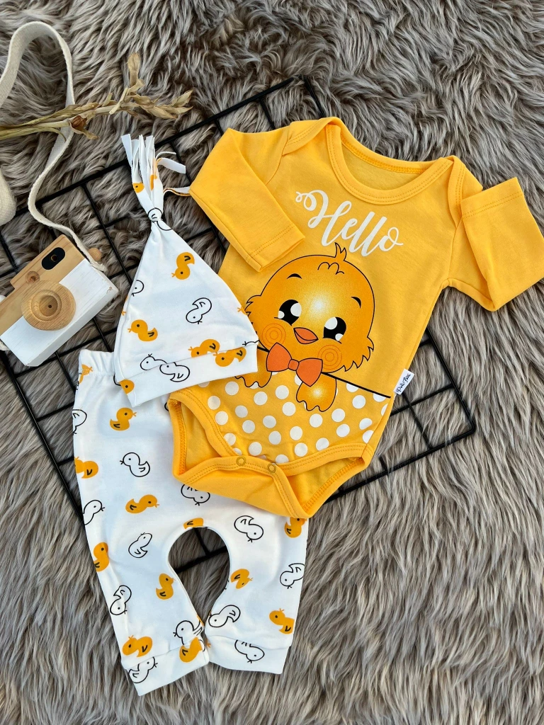 Civciv Desen Çıtçıtlı Badili Şapkalı Unisex Bebek 3'lü Takım - GRİ