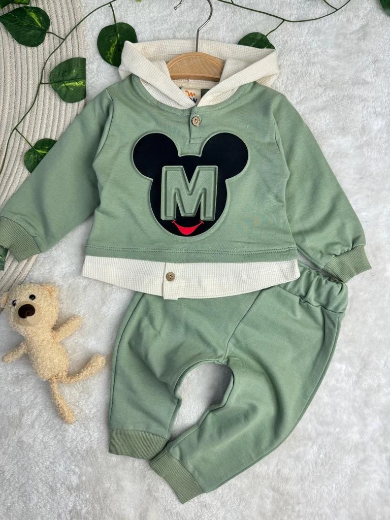 Gofre Baskılı Minnie Unisex Kapüşonlu Bebek/Çocuk İkili Takım - SUYEŞİLİ