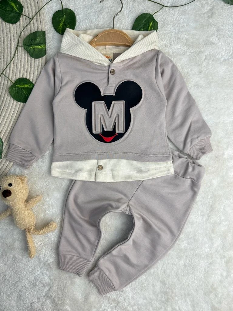 Gofre Baskılı Minnie Unisex Kapüşonlu Bebek/Çocuk İkili Takım - VİZON