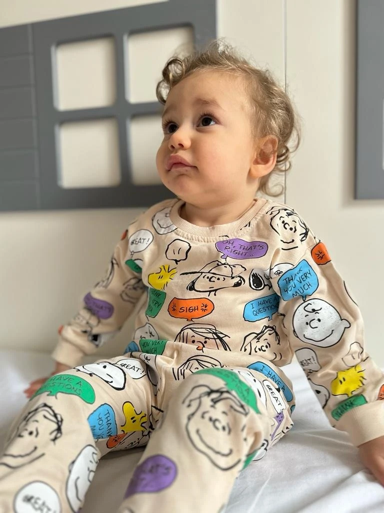 Snopy Desenli Çıtçıtlı Badili Unisex Bebek/Çocuk İkili Takım - KREM