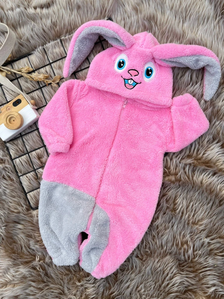 Welsoft Peluş Unisex Fermuarlı Kışlık Tavşan Bebek/çocuk Uyku Tulumu - PEMBE-GRİ