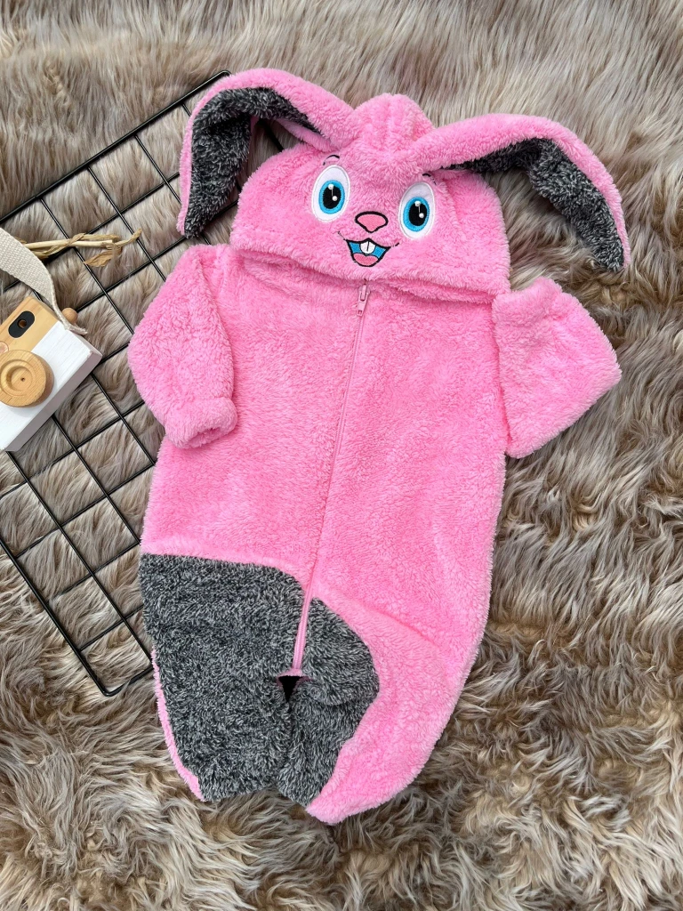 Welsoft Peluş Unisex Fermuarlı Kışlık Tavşan Bebek/çocuk Uyku Tulumu - PEMBE-KIRÇILLI GRİ