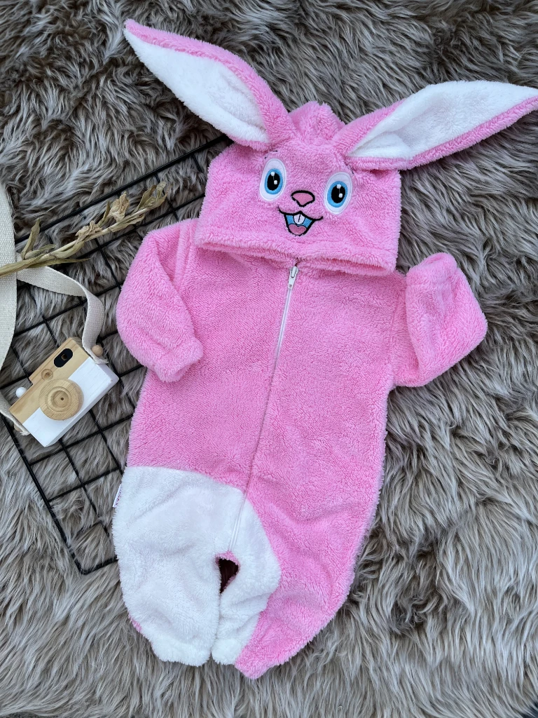 Welsoft Peluş Unisex Fermuarlı Kışlık Tavşan Bebek/çocuk Uyku Tulumu - PEMBE-BEYAZ