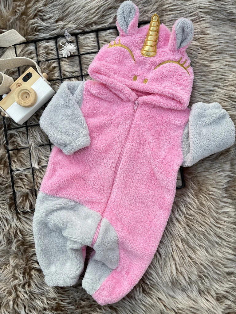 Welsoft Peluş Unisex Fermuarlı Kışlık Unicorn  Bebek Uyku Tulumu - PEMBE-GRİ