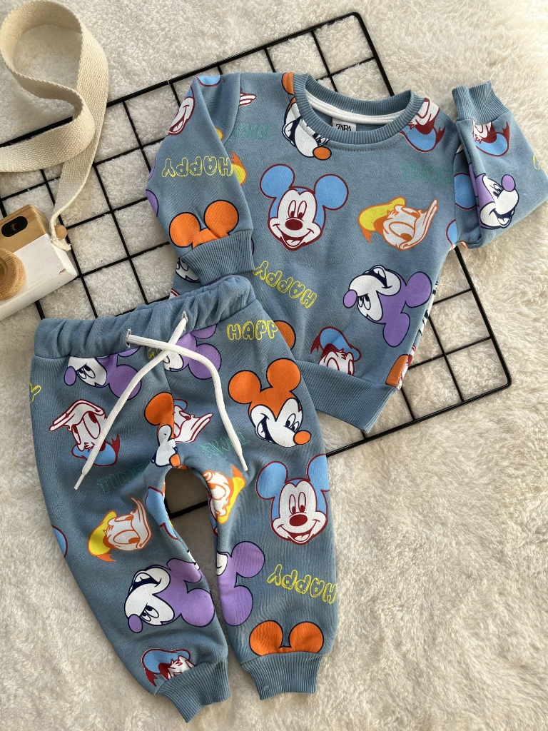 Zara Miki Mouse Baskılı 3 İplik Unisex Kışlık İkili Takım - MAVİ