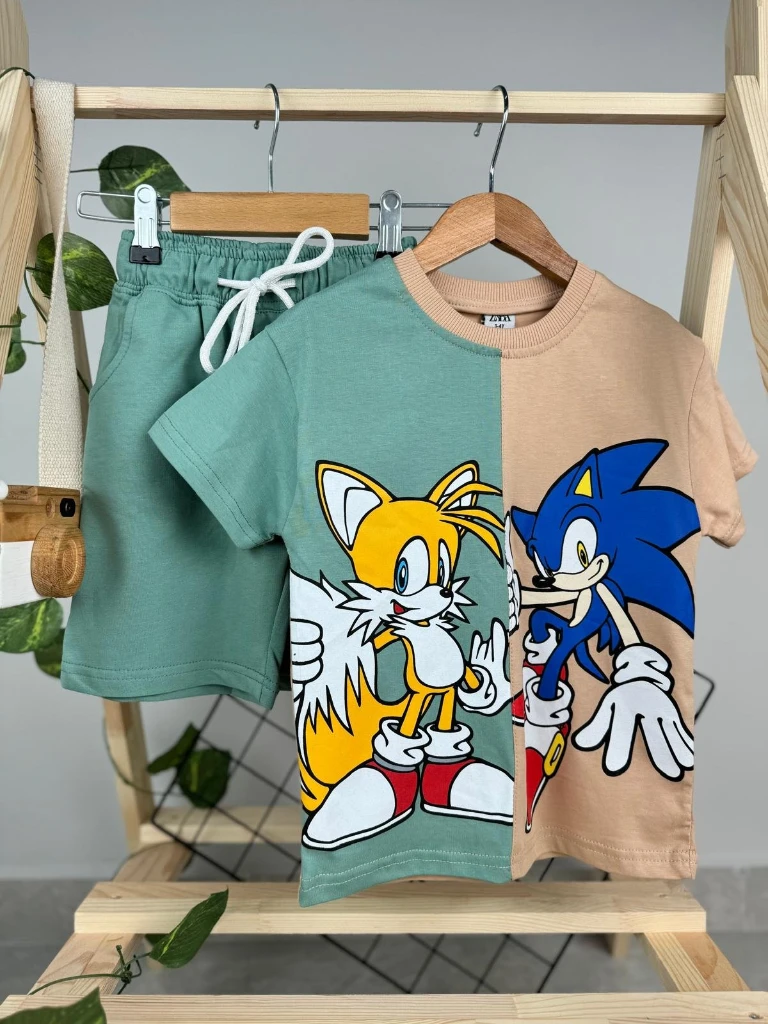 Zara Sonic Baskılı Şortlu Yazlık Çocuk İkili Takım - YEŞİL