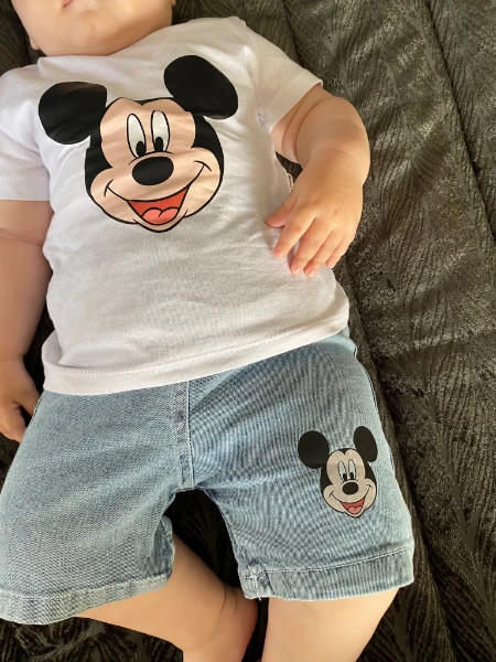 Mickey Mouse Baskılı Kot Şortlu Premium Unisex İkili Takım - BEYAZ