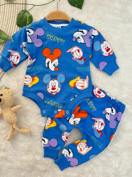 Miki Desenli Çıtçıtlı Badili Unisex Bebek/Çocuk İkili Takım - SAKS MAVİSİ