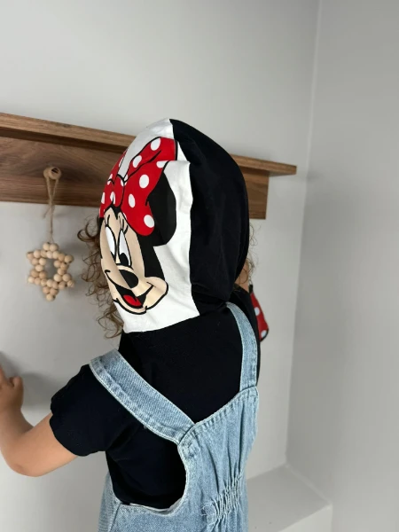 Minnie Mouse Baskılı Kapüşonlu Tişörtlü Kot Jile Çantalı 3'lü Set Elbise - KIRMIZI