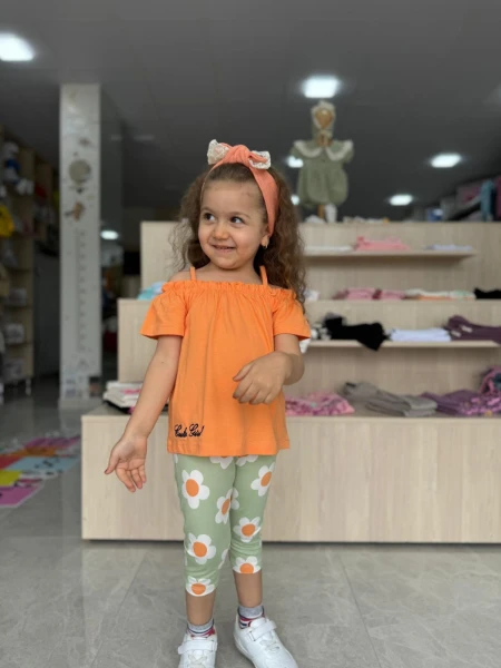 PAPATYA DESENLİ OMZU İPLİ İKİLİ KIZ BEBEK/ÇOCUK TAKIM - KAHVERENGİ