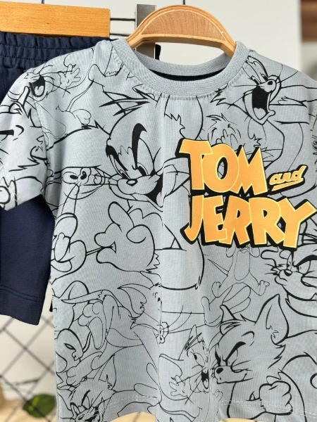 Tom Ve Jerry Baskılı Erkek Yazlık Şortlu Takım - GRİ