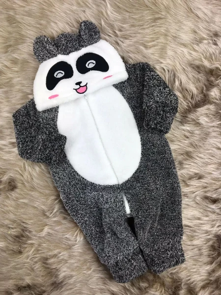 Welsoft Peluş Kız Fermuarlı Panda Bebek Uyku Tulumu - KIRÇILLI GRİ