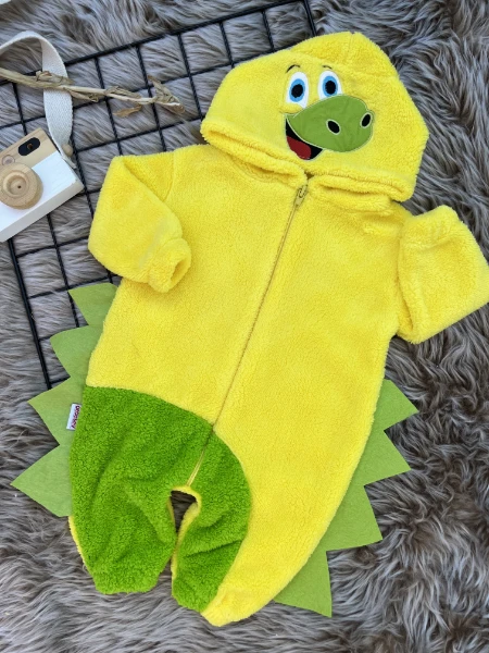 Welsoft Peluş Unisex Fermuarlı Kışlık Dinozor Bebek Uyku Tulumu - SARI-YEŞİL