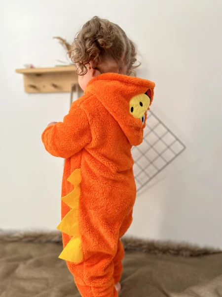 Welsoft Peluş Unisex Fermuarlı Kışlık Dinozor Bebek Uyku Tulumu - TURUNCU-SARI