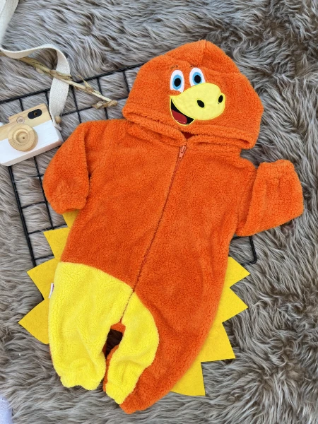 Welsoft Peluş Unisex Fermuarlı Kışlık Dinozor Bebek Uyku Tulumu - TURUNCU-SARI