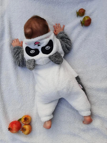 Welsoft Peluş Unisex Fermuarlı Kışlık Panda Bebek Uyku Tulumu - BEYAZ-KIRÇILLI GRİ