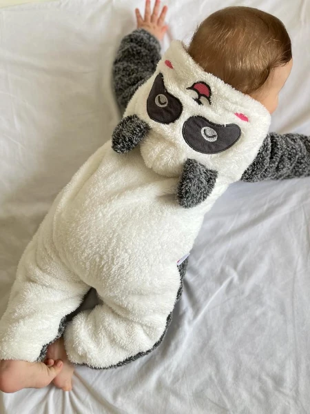 Welsoft Peluş Unisex Fermuarlı Kışlık Panda Bebek Uyku Tulumu - KIRÇILLI GRİ-BEYAZ