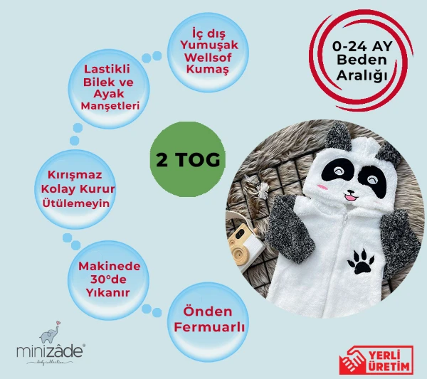 Welsoft Peluş Unisex Fermuarlı Kışlık Panda Bebek Uyku Tulumu - KIRÇILLI GRİ-BEYAZ