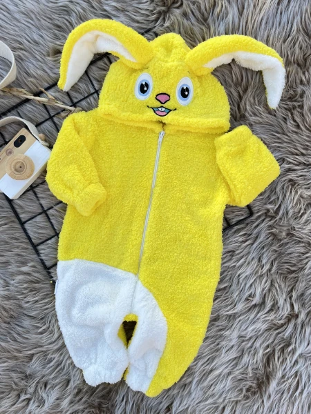 Welsoft Peluş Unisex Fermuarlı Kışlık Tavşan Bebek/çocuk Uyku Tulumu - SARI-BEYAZ