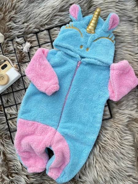 Welsoft Peluş Unisex Fermuarlı Kışlık Unicorn  Bebek Uyku Tulumu - TURKUAZ-PEMBE