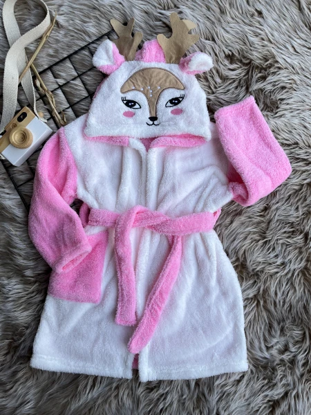  Welsoft Unisex Geyik Bebek/Çocuk Sabahlık Bornoz - PEMBE