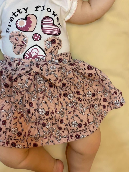 Kalpli Çiçek Desenli Tişört Etek Bandana Üçlü Kız Bebek Takım - PEMBE