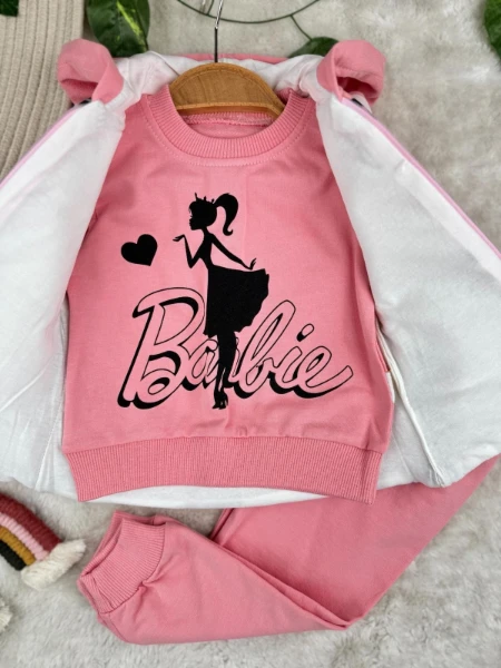 Barbie Baskılı Şişme Yelekli 3'lü Kız Bebek Eşofman Takım Set - PEMBE