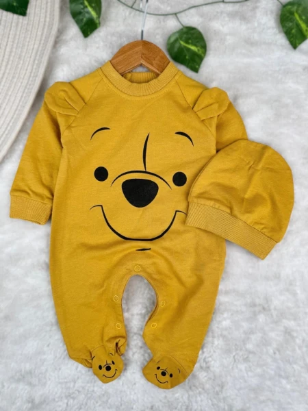 Winnie The Pooh Baskılı Ayaklı %100 Pamuklu Mevsimlik Unisex Tulum - HARDAL