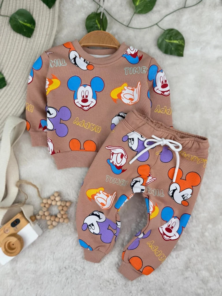 Zara Miki Mouse Baskılı 3 İplik Unisex Kışlık İkili Takım - KAHVERENGİ