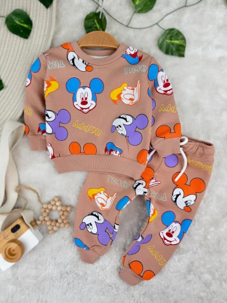 Zara Miki Mouse Baskılı 3 İplik Unisex Kışlık İkili Takım - KAHVERENGİ