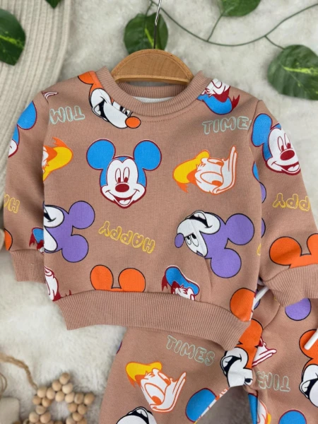 Zara Miki Mouse Baskılı 3 İplik Unisex Kışlık İkili Takım - KAHVERENGİ